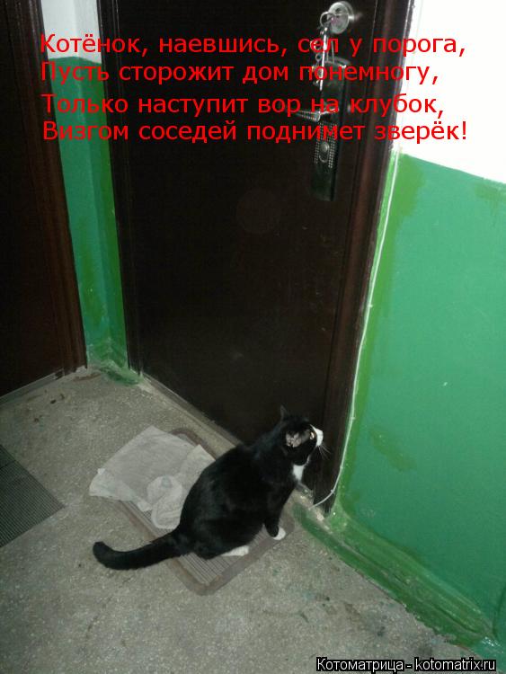 Котоматрица: Котёнок, наевшись, сел у порога, Только наступит вор на клубок , Пусть сторожит дом понемногу, Визгом соседей поднимет зверёк!