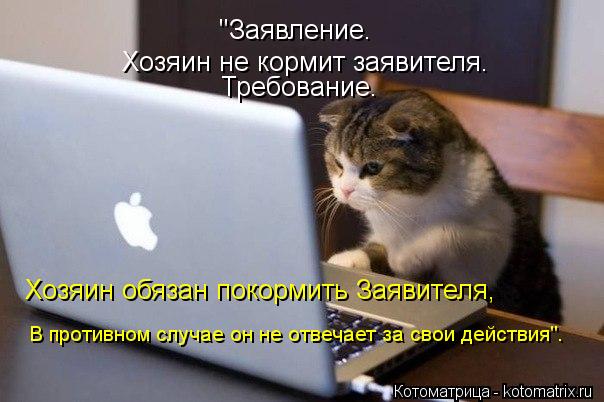 "Заявление. Хозяин не кормит заявителя. Требование. Хозяин обязан покормить Заявителя, В противном сл... Котоматрица: "Заявление. Хозяин не кормит заявителя. Требование. Хозяин обязан покормить Заявителя, В противном случае он не отвечает за свои действия".