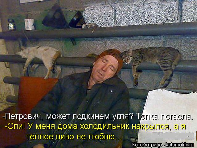 -Петрович, может подкинем угля? Топка погасла. -Спи! У меня дома холодильник накрылся, а я тёплое пи... Котоматрица: -Петрович, может подкинем угля? Топка погасла. -Спи! У меня дома холодильник накрылся, а я тёплое пиво не люблю...
