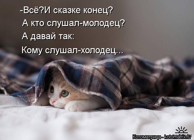 Котоматрица: -Всё?И сказке конец? А кто слушал-молодец? А давай так: Кому слушал-холодец...