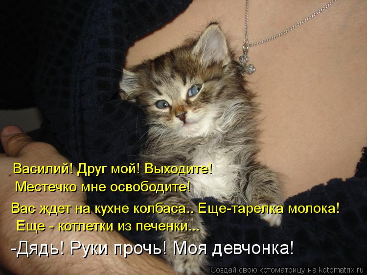 Василий! Друг мой! Выходите! Местечко мне освободите! Вас ждет на кухне колбаса.. Еще-тарелка молока!... Котоматрица: Василий! Друг мой! Выходите! Местечко мне освободите! Вас ждет на кухне колбаса.. Еще-тарелка молока! -Дядь! Руки прочь! Моя девчонка! Еще - кот