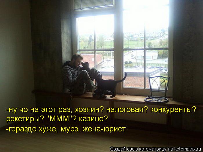Котоматрица: -ну чо на этот раз, хозяин? налоговая? конкуренты? рэкетиры? "МММ"? казино? -гораздо хуже, мурз. жена-юрист