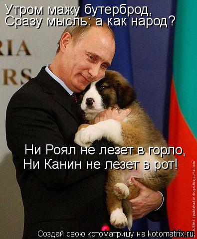 Котоматрица: Утром мажу бутерброд,  Сразу мысль: а как народ? Ни Роял не лезет в горло, Ни Канин не лезет в рот!