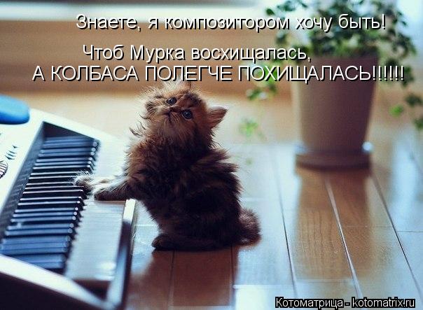 Знаете, я композитором хочу быть! Чтоб Мурка восхищалась, А КОЛБАСА ПОЛЕГЧЕ ПОХИЩАЛАСЬ!!!!!!... Котоматрица: Знаете, я композитором хочу быть! Чтоб Мурка восхищалась, А КОЛБАСА ПОЛЕГЧЕ ПОХИЩАЛАСЬ!!!!!!