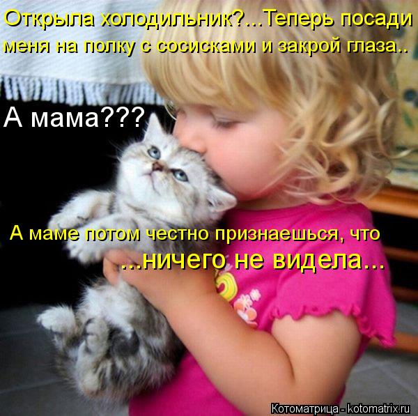 Котоматрица: ...ничего не видела... А маме потом честно признаешься, что Открыла холодильник?...Теперь посади  меня на полку с сосисками и закрой глаза.. А ма
