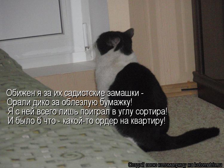 Обижен я за их садистские замашки - Орали дико за облезлую бумажку! Я с ней всего лишь поиграл в углу... Котоматрица: Обижен я за их садистские замашки - Орали дико за облезлую бумажку! Я с ней всего лишь поиграл в углу сортира! И было б что - какой-то ордер на