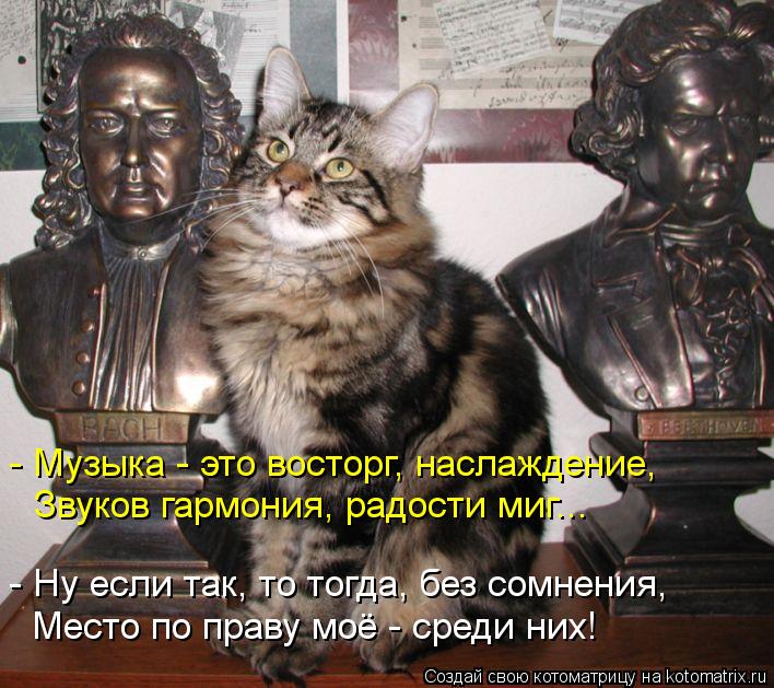 - Музыка - это восторг, наслаждение, Звуков гармония, радости миг... - Ну если так, то тогда, без сом... Котоматрица: - Музыка - это восторг, наслаждение, Звуков гармония, радости миг... - Ну если так, то тогда, без сомнения, Место по праву моё - среди них!