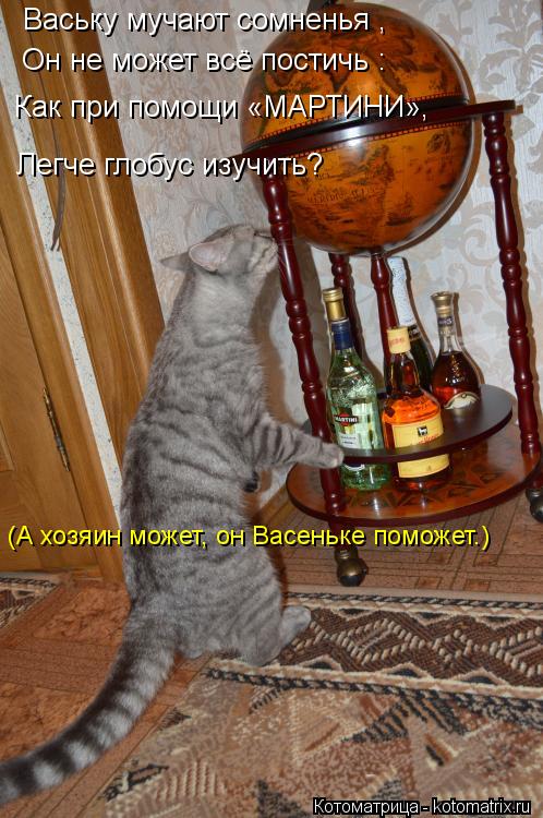 Ваську мучают сомненья , Он не может всё постичь : Как при помощи «МАРТИНИ», Легче глобус изучить? (... Котоматрица: Ваську мучают сомненья , Он не может всё постичь : Как при помощи «МАРТИНИ», Легче глобус изучить? (А хозяин может, он Васеньке поможет.)