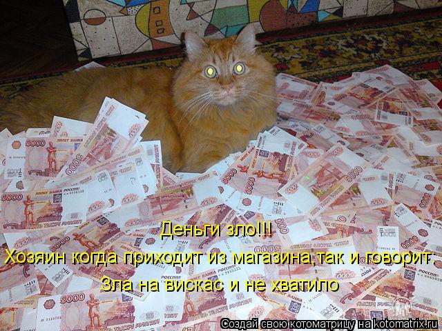 Деньги зло!!! Хозяин когда приходит из магазина,так и говорит: Зла на вискас и не хватило... Котоматрица: Деньги зло!!! Хозяин когда приходит из магазина,так и говорит: Зла на вискас и не хватило