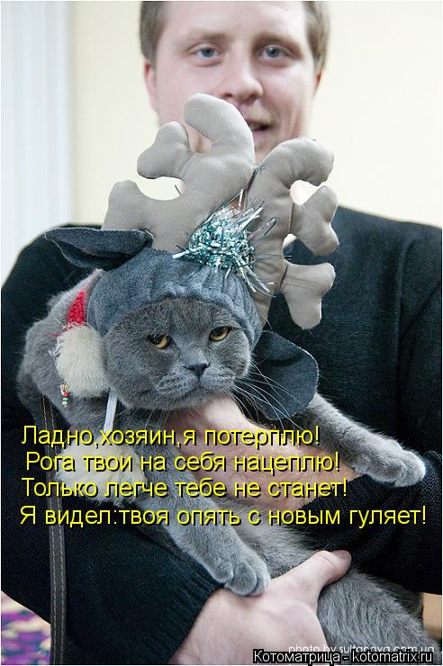 Ладно,хозяин,я потерплю! Рога твои на себя нацеплю! Только легче тебе не станет! Я видел:твоя опять с... Котоматрица: Ладно,хозяин,я потерплю! Рога твои на себя нацеплю! Только легче тебе не станет! Я видел:твоя опять с новым гуляет!