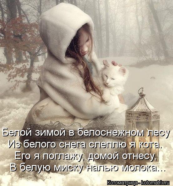 Белой зимой в белоснежном лесу Из белого снега слеплю я кота. Его я поглажу, домой отнесу, В белую ми... Котоматрица: Белой зимой в белоснежном лесу Из белого снега слеплю я кота. Его я поглажу, домой отнесу, В белую миску налью молока...