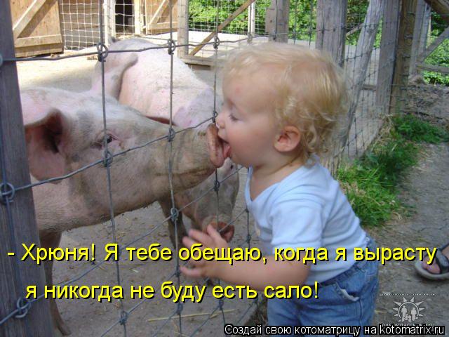 Котоматрица: - Хрюня! Я тебе обещаю, когда я вырасту я никогда не буду есть сало!