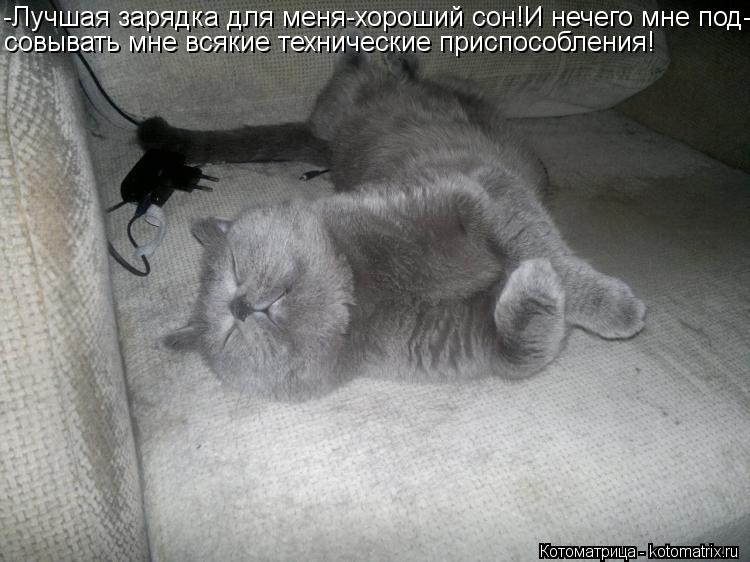 Котоматрица: -Лучшая зарядка для меня-хороший сон!И нечего мне под- совывать мне всякие технические приспособления!