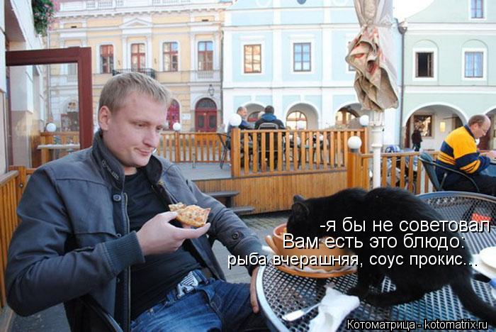-я бы не советовал Вам есть это блюдо: рыба вчерашняя, соус прокис...... Котоматрица: -я бы не советовал Вам есть это блюдо: рыба вчерашняя, соус прокис...