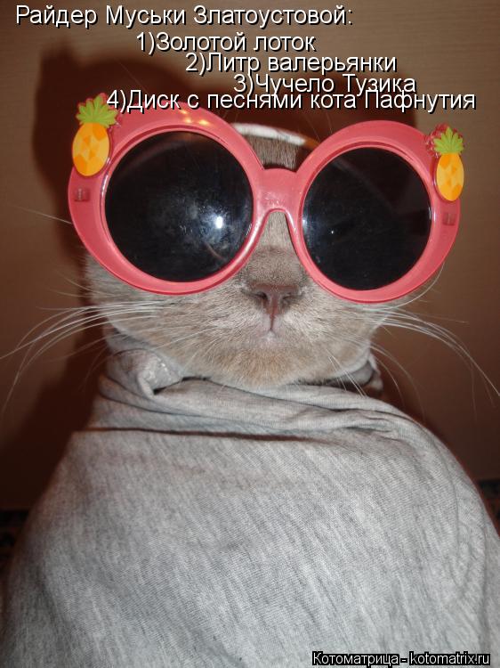 Райдер Муськи Златоустовой: 1)Золотой лоток 2)Литр валерьянки 3)Чучело Тузика 4)Диск с песнями кота П... Котоматрица: Райдер Муськи Златоустовой: 1)Золотой лоток 2)Литр валерьянки 3)Чучело Тузика 4)Диск с песнями кота Пафнутия