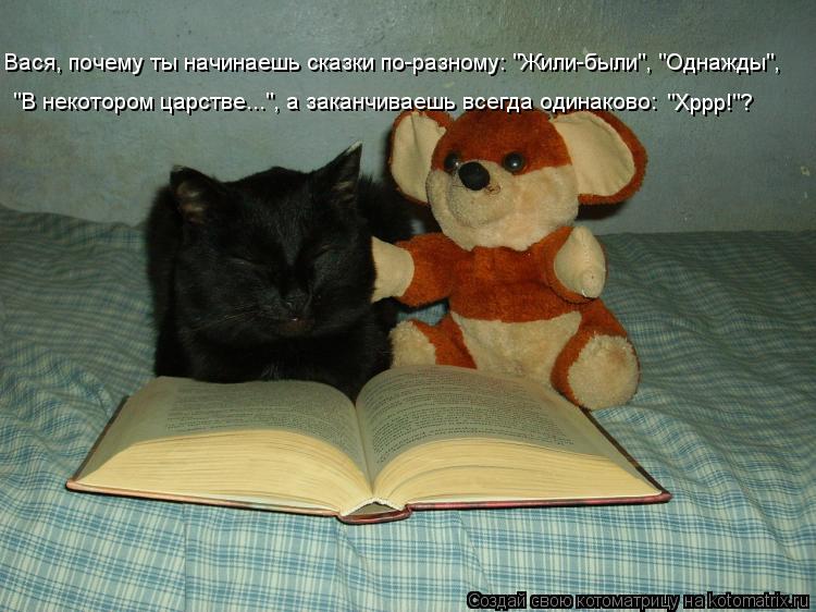 Котоматрица: Вася, почему ты начинаешь сказки по-разному: "Жили-были", "Однажды", "В некотором царстве...", а заканчиваешь всегда одинаково: "Хррр!"?