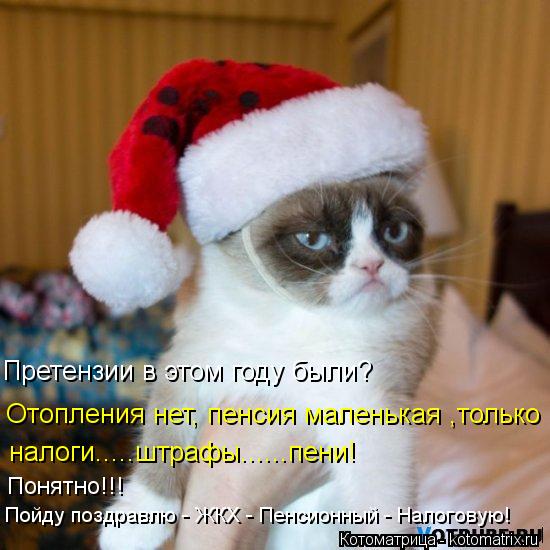 Котоматрица: Пойду поздравлю - ЖКХ - Пенсионный - Налоговую! Понятно!!! налоги.....штрафы......пени! Отопления нет, пенсия маленькая ,только Претензии в этом го