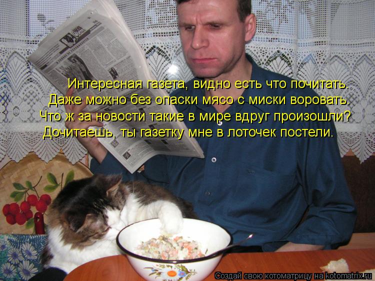 Интересная газета, видно есть что почитать. Даже можно без опаски мясо с миски воровать. Что ж за нов... Котоматрица: Интересная газета, видно есть что почитать. Даже можно без опаски мясо с миски воровать. Что ж за новости такие в мире вдруг произошли? Дочит