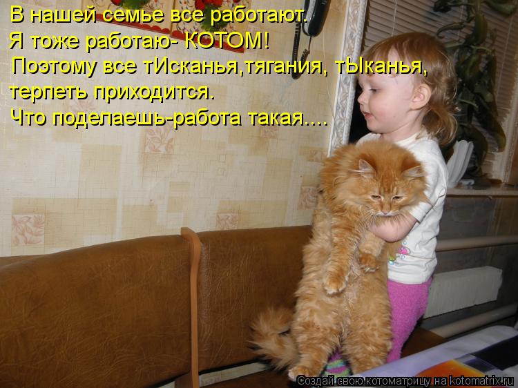 В нашей семье все работают. Я тоже работаю- КОТОМ! Поэтому все тИсканья,тягания, тЫканья, терпеть при... Котоматрица: В нашей семье все работают. Я тоже работаю- КОТОМ! Поэтому все тИсканья,тягания, тЫканья, терпеть приходится. Что поделаешь-работа такая....