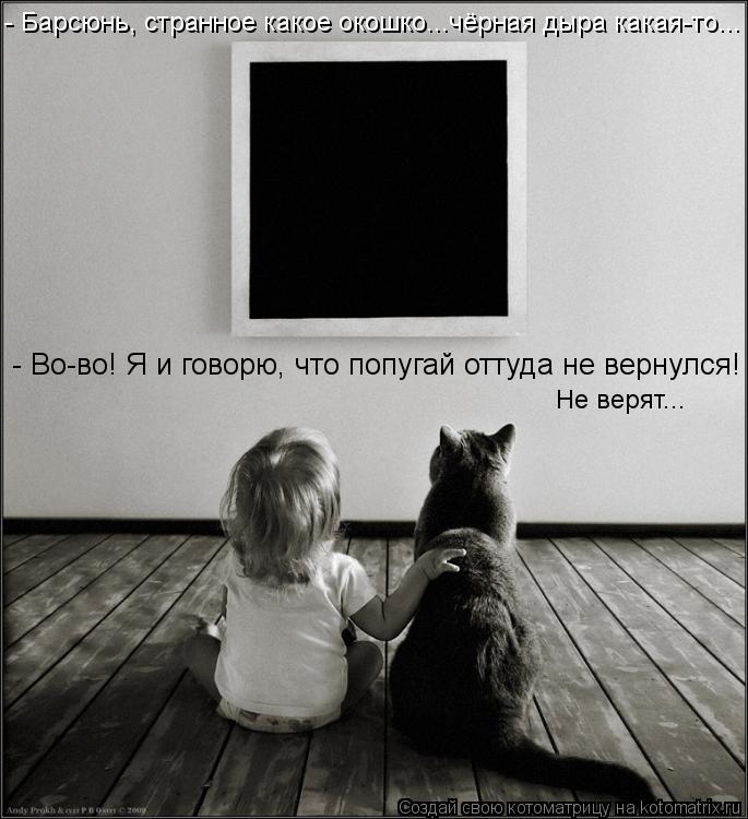 Не верят... - Барсюнь, странное какое окошко...чёрная дыра какая-то... - Во-во! Я и говорю, что попуг... Котоматрица: Не верят... - Барсюнь, странное какое окошко...чёрная дыра какая-то... - Во-во! Я и говорю, что попугай оттуда не вернулся!