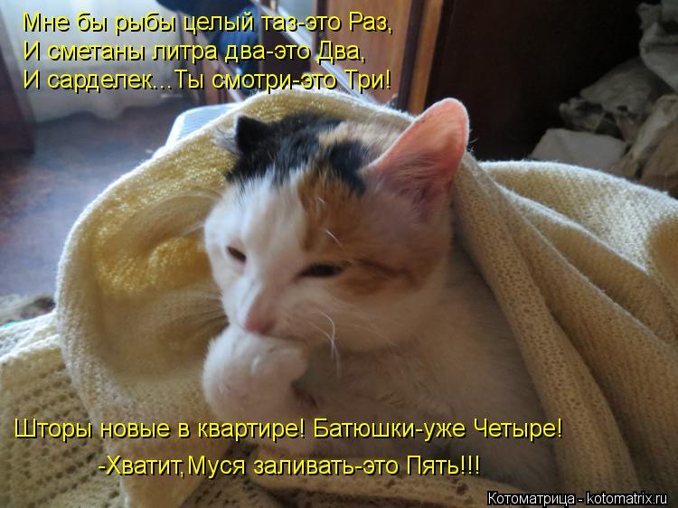 Мне бы рыбы целый таз-это Раз, И сметаны литра два-это Два, И сарделек...Ты смотри-это Три! Шторы нов... Котоматрица: Мне бы рыбы целый таз-это Раз, И сметаны литра два-это Два, И сарделек...Ты смотри-это Три! Шторы новые в квартире! Батюшки-уже Четыре! -Хватит,М