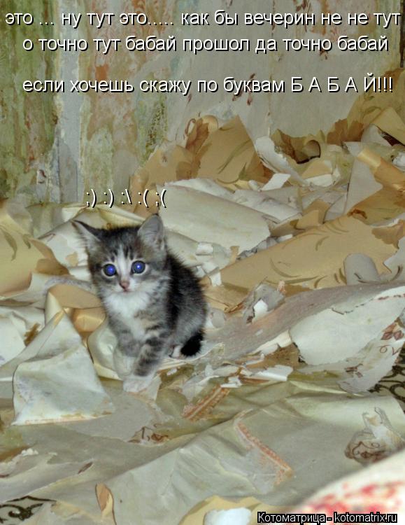 Котоматрица: это ... ну тут это..... как бы вечерин не не тут о точно тут бабай прошол да точно бабай  если хочешь скажу по буквам Б А Б А Й!!! ;) :) :\ :( ;(