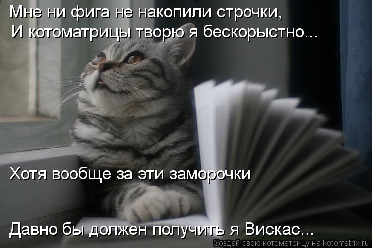 Мне ни фига не накопили строчки, И котоматрицы творю я бескорыстно... Хотя вообще за эти заморочки Да... Котоматрица: Мне ни фига не накопили строчки, И котоматрицы творю я бескорыстно... Хотя вообще за эти заморочки Давно бы должен получить я Вискас...