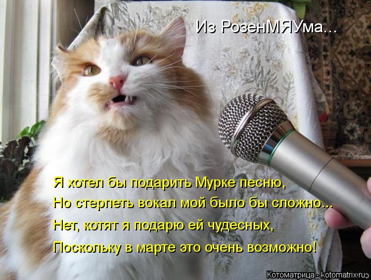 Из РозенМЯУма... Я хотел бы подарить Мурке песню, Но стерпеть вокал мой было бы сложно... Поскольку в... Котоматрица: Из РозенМЯУма... Я хотел бы подарить Мурке песню, Но стерпеть вокал мой было бы сложно... Поскольку в марте это очень возможно! Нет, котят я по