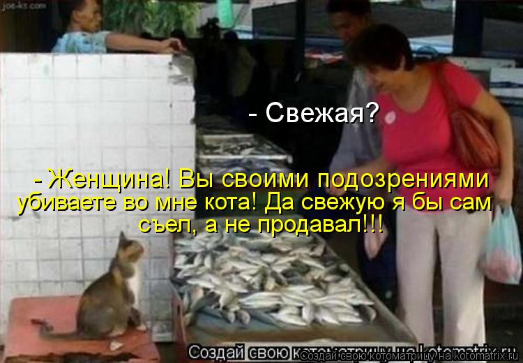 - Свежая? - Женщина! Вы своими подозрениями убиваете во мне кота! Да свежую я бы сам съел, а не прода... Котоматрица: - Свежая? - Женщина! Вы своими подозрениями убиваете во мне кота! Да свежую я бы сам съел, а не продавал!!!