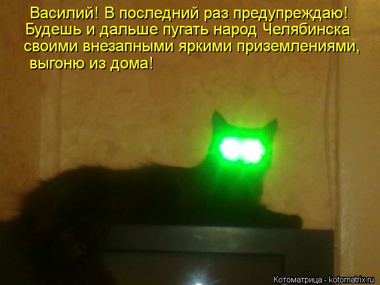 Василий! В последний раз предупреждаю! Будешь и дальше пугать народ Челябинска своими внезапными ярки... Котоматрица: Василий! В последний раз предупреждаю! Будешь и дальше пугать народ Челябинска своими внезапными яркими приземлениями, выгоню из дома!