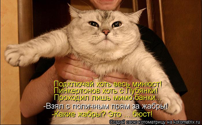 Проходил лишь мимо банки... Пинкертонов хоть с Лубянки! Подключай хоть весь минюст! -Какие жабры? Это... Котоматрица: Проходил лишь мимо банки... Пинкертонов хоть с Лубянки! Подключай хоть весь минюст! -Какие жабры? Это ... бюст! -Взял с поличным прям за жабры!