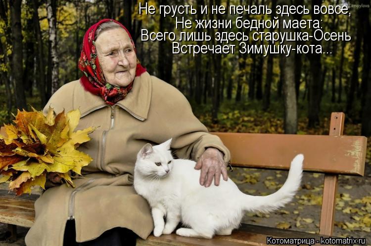 Не грусть и не печаль здесь вовсе, Не жизни бедной маета: Всего лишь здесь старушка-Осень Встречает З... Котоматрица: Не грусть и не печаль здесь вовсе, Не жизни бедной маета: Всего лишь здесь старушка-Осень Встречает Зимушку-кота...