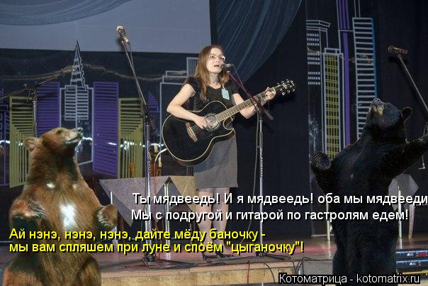 Ты мядвеедь! И я мядвеедь! оба мы мядвееди! Мы с подругой и гитарой по гастролям едем! Ай нэнэ, нэнэ,... Котоматрица: Ты мядвеедь! И я мядвеедь! оба мы мядвееди! Мы с подругой и гитарой по гастролям едем! Ай нэнэ, нэнэ, нэнэ, дайте мёду баночку - мы вам спляшем