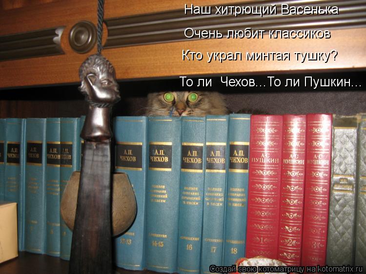 Котоматрица: Наш хитрющий Васенька Очень любит классиков Кто украл минтая тушку? То ли  Чехов...То ли Пушкин...