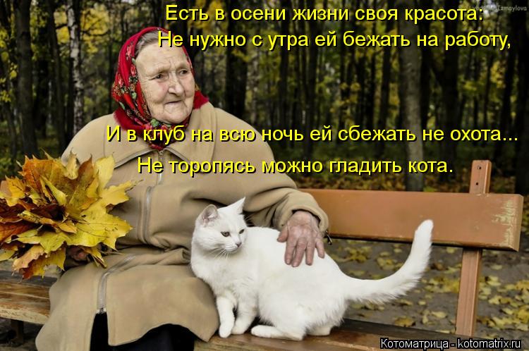 Не нужно с утра ей бежать на работу, Не торопясь можно гладить кота. И в клуб на всю ночь ей сбежать ... Котоматрица: Не нужно с утра ей бежать на работу, Не торопясь можно гладить кота. И в клуб на всю ночь ей сбежать не охота... Есть в осени жизни своя красота