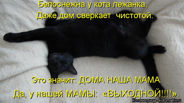 Белоснежна у кота лежанка, Даже дом сверкает чистотой. Это значит: ДОМА НАША МАМА. Да, у нашей МАМЫ:... Котоматрица: Белоснежна у кота лежанка, Даже дом сверкает чистотой. Это значит: ДОМА НАША МАМА. Да, у нашей МАМЫ: «ВЫХОДНОЙ!!!!».
