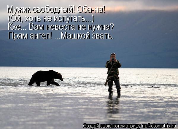 Котоматрица: Мужик свободный! Оба-на! (Ой, хоть не испугать...) Кхе... Вам невеста не нужна? Прям ангел! ...Машкой звать.
