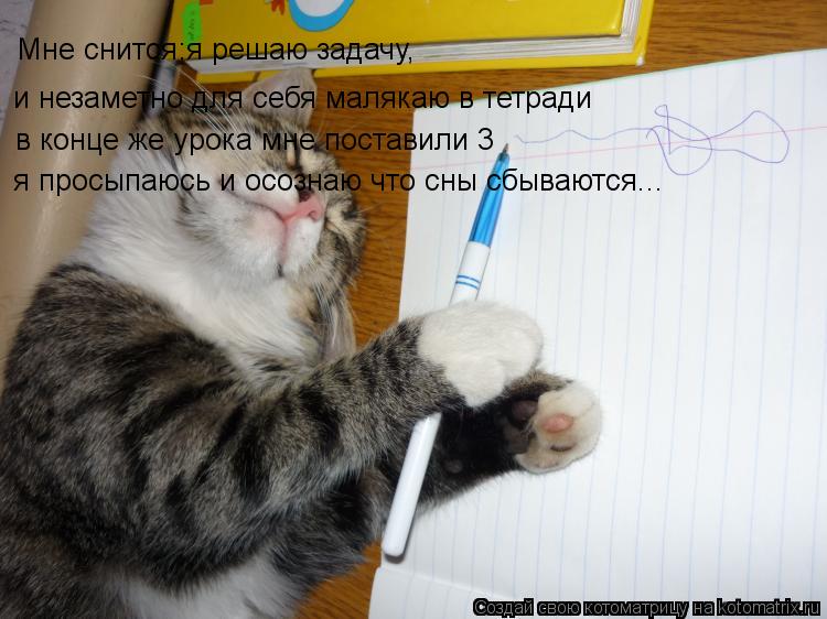 Котоматрица: Мне снится:я решаю задачу,  и незаметно для себя малякаю в тетради в конце же урока мне поставили 3 я просыпаюсь и осознаю что сны сбываются...