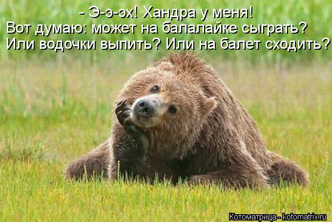 - Э-э-эх! Хандра у меня! Вот думаю: может на балалайке сыграть? Или водочки выпить? Или на балет сход... Котоматрица: - Э-э-эх! Хандра у меня! Вот думаю: может на балалайке сыграть? Или водочки выпить? Или на балет сходить?