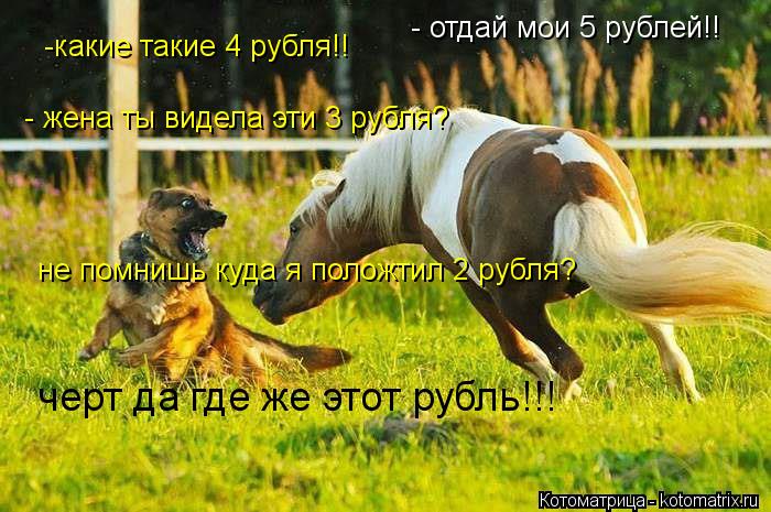 - отдай мои 5 рублей!! -какие такие 4 рубля!! - жена ты видела эти 3 рубля? не помнишь куда я положти... Котоматрица: - отдай мои 5 рублей!! -какие такие 4 рубля!! - жена ты видела эти 3 рубля? не помнишь куда я положтил 2 рубля? черт да где же этот рубль!!!
