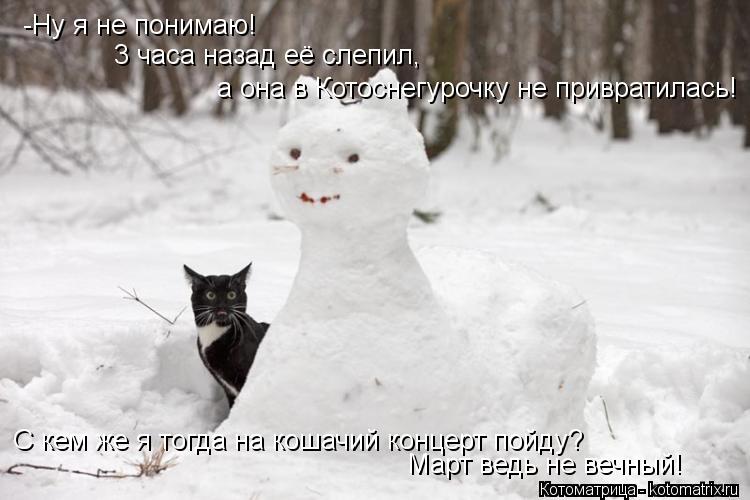 -Ну я не понимаю! 3 часа назад её слепил, а она в Котоснегурочку не привратилась! С кем же я тогда на... Котоматрица: -Ну я не понимаю! 3 часа назад её слепил, а она в Котоснегурочку не привратилась! С кем же я тогда на кошачий концерт пойду? Март ведь не вечный