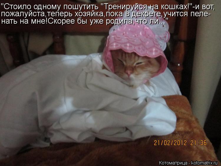"Стоило одному пошутить "Тренируйся на кошках!"-и вот, пожалуйста,теперь хозяйка,пока в декрете,учитс... Котоматрица: "Стоило одному пошутить "Тренируйся на кошках!"-и вот, пожалуйста,теперь хозяйка,пока в декрете,учится пеле- нать на мне!Скорее бы уже родила,