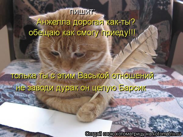 пишит: Анжелла дорогая как-ты? обещаю как смогу приеду!!! толька ты с этим Васькой отношений не завод... Котоматрица: пишит: Анжелла дорогая как-ты? обещаю как смогу приеду!!! толька ты с этим Васькой отношений не заводи дурак он целую Барсик