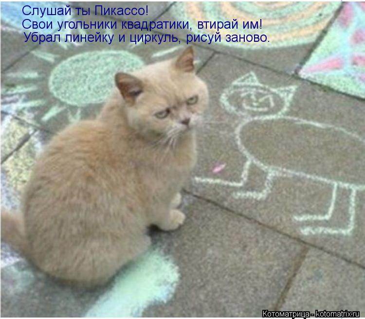 Котоматрица: Слушай ты Пикассо! Свои угольники квадратики, втирай им! Убрал линейку и циркуль, рисуй заново.