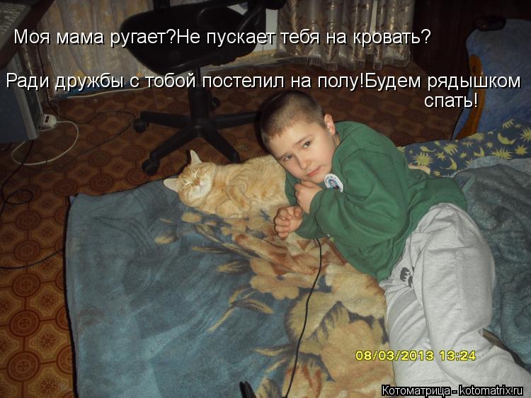 Котоматрица: Ради дружбы с тобой постелил на полу!Будем рядышком  спать! Моя мама ругает?Не пускает тебя на кровать?