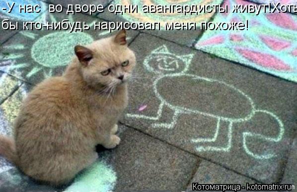 Котоматрица: -У нас  во дворе одни авангардисты живут!Хоть бы кто-нибудь нарисовал меня похоже!