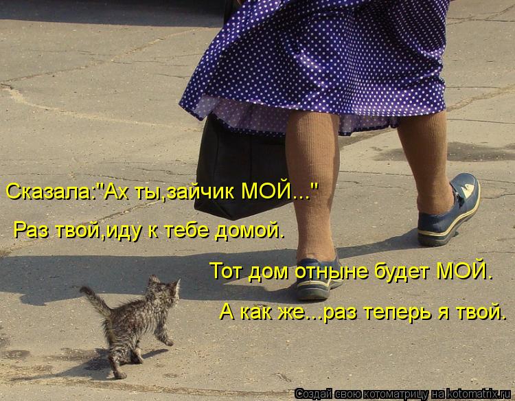 Котоматрица: Сказала:"Ах ты,зайчик МОЙ..." Раз твой,иду к тебе домой. Тот дом отныне будет МОЙ.  А как же...раз теперь я твой.