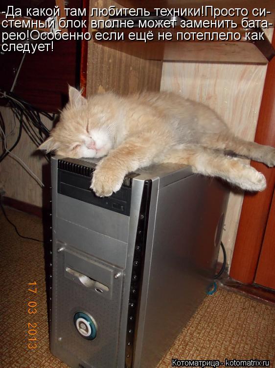Котоматрица: -Да какой там любитель техники!Просто си- стемный блок вполне может заменить бата- рею!Особенно если ещё не потеплело как следует!