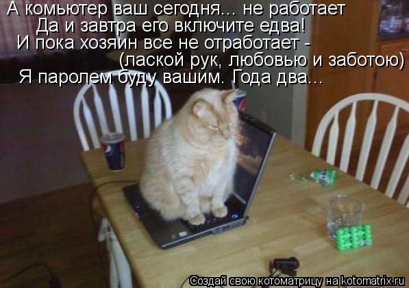 А комьютер ваш сегодня... не работает Да и завтра его включите едва! И пока хозяин все не отработает ... Котоматрица: А комьютер ваш сегодня... не работает Да и завтра его включите едва! И пока хозяин все не отработает - (лаской рук, любовью и заботою) Я паролем