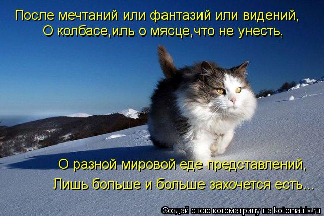После мечтаний или фантазий или видений, О колбасе,иль о мясце,что не унесть, О разной мировой еде пр... Котоматрица: После мечтаний или фантазий или видений, О колбасе,иль о мясце,что не унесть, О разной мировой еде представлений, Лишь больше и больше захоч